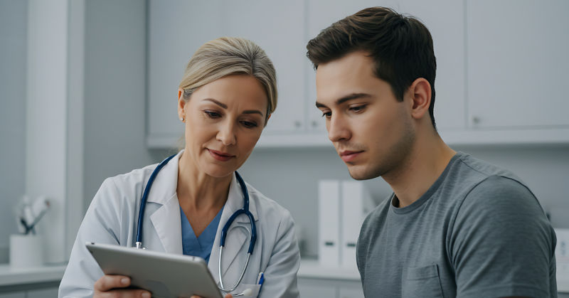 A doctor reviews patient results on a tablet, consulting and explaining the medical information. Female medical provider listening intently and with compassion to a patient.